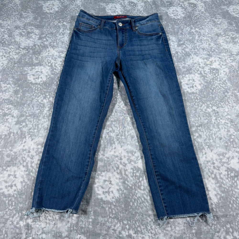 Guess Slim Jeans Women's 28 Blue Raw Hem Mid Rise Medium Wash - Picture 2 of 11